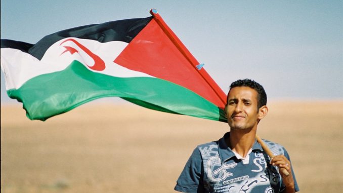 Saharaui con bandera. Sáhara Occidental.